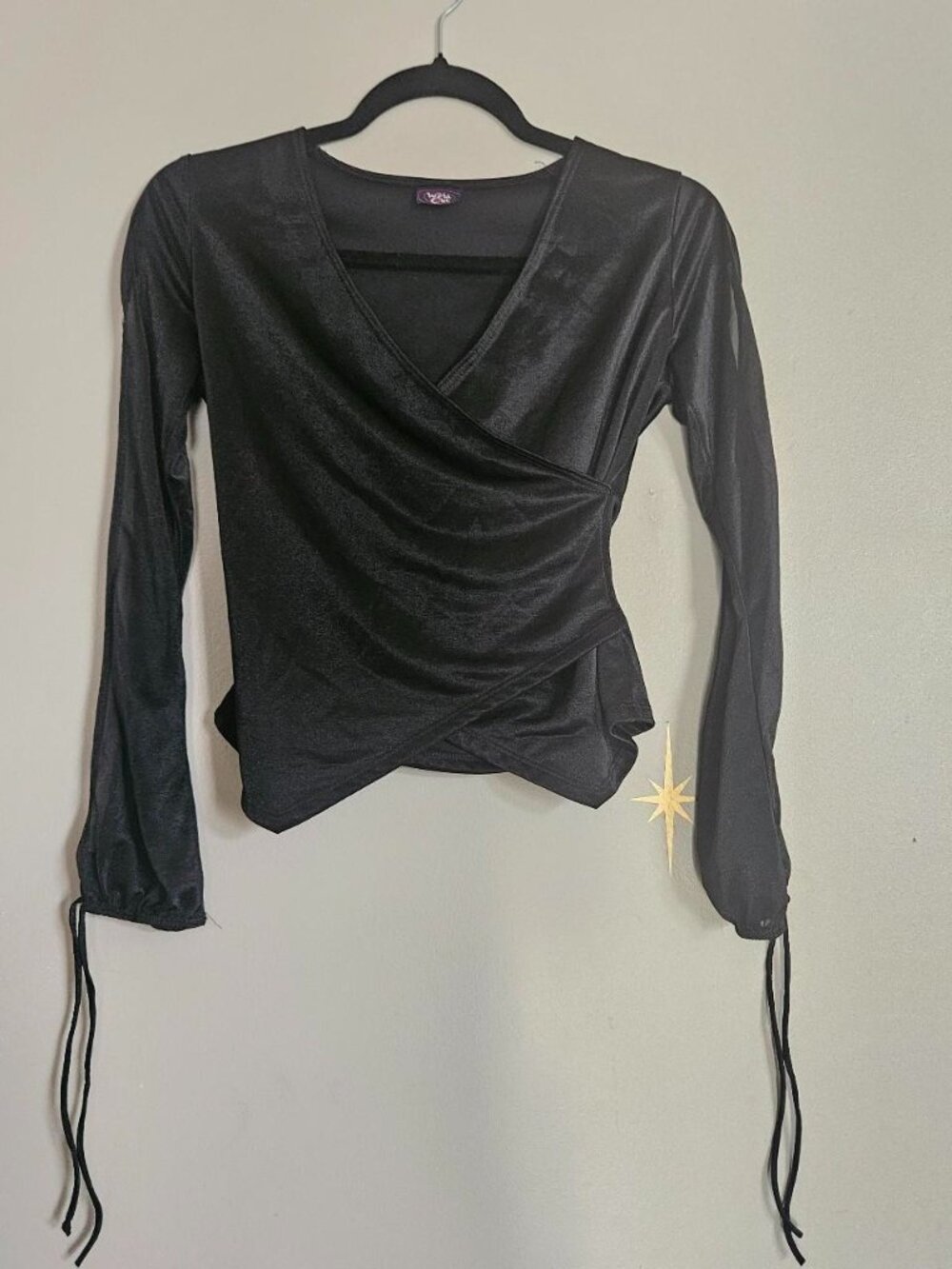 Vtg Wildcat Small Black Top with Split Mesh Sleeves with Tie